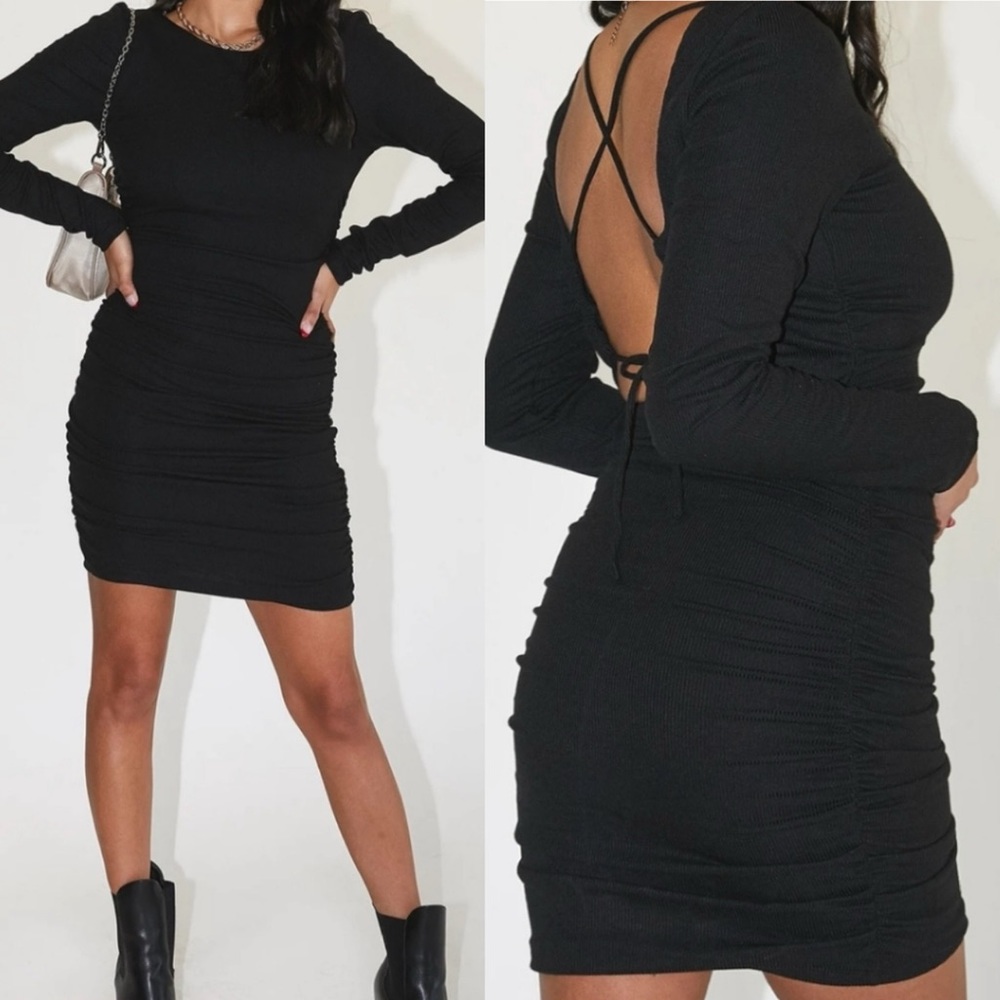 Princess Polly Newton Black Strappy Cutout Back Long Sleeve Ruched Mini Dress